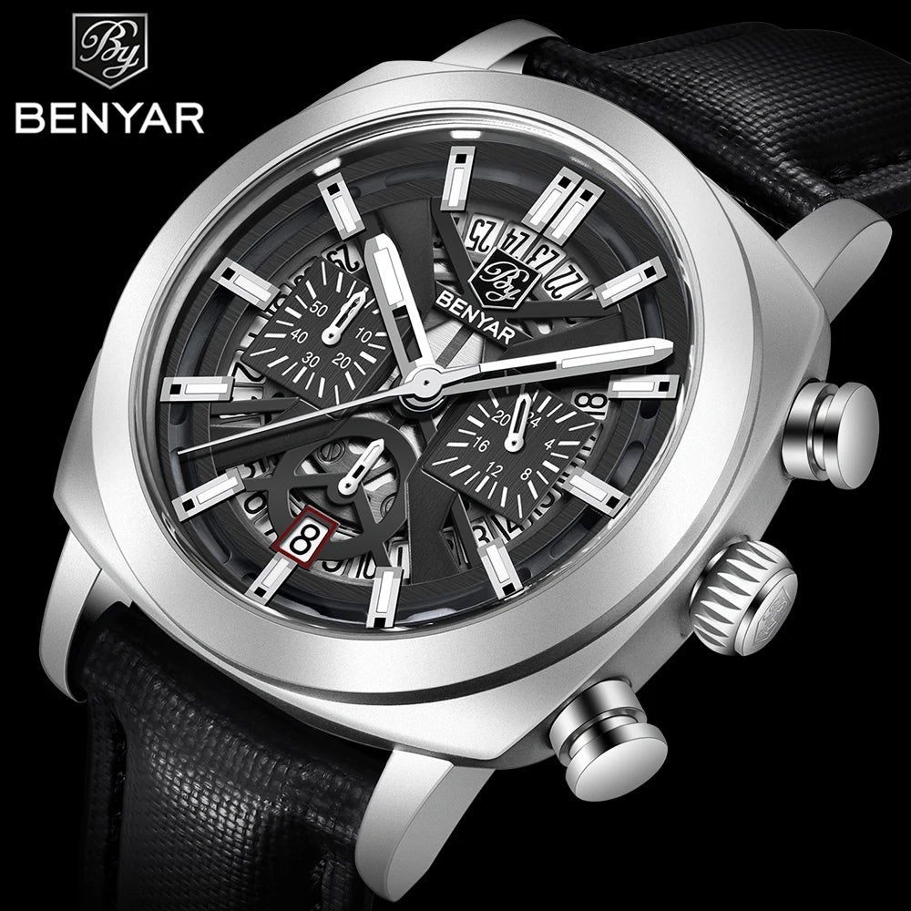 BENYAR 5205M Men's Luxury Quartz Chronograph Watch – 30M Waterproof, Luminous Dial, Leather Strap Fashion Wristwatch for Men