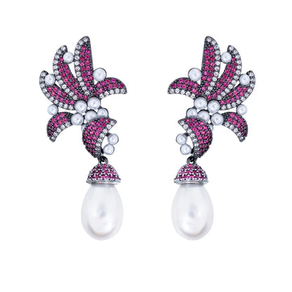 Fuchsia Red Cubic Zirconia Pave Flower & Leaf Long Dangle Drop Pearl Earrings – Glamorous Party & Wedding Jewelry for Women