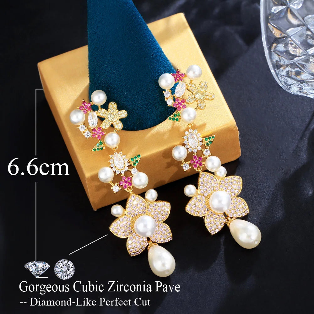 Pink & Red Cubic Zirconia Pave Flower Dangle Drop Pearl Earrings for Women | Festive & Wedding Jewelry