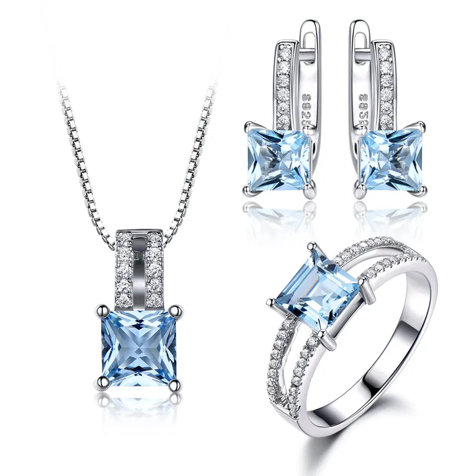 925 Sterling Silver Jewelry Set for Women – Nano Aquamarine & Sky Blue Topaz Ring, Pendant Necklace & Stud Earrings Alice