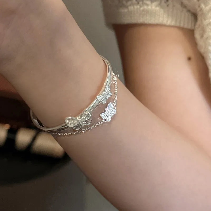 925 Sterling Silver Butterfly Bracelet – Double Layer Bangle for Women Ecrin