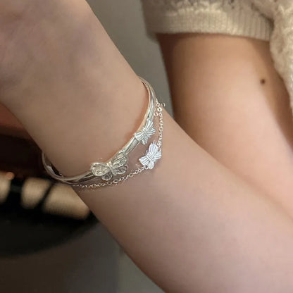 925 Sterling Silver Butterfly Bracelet – Double Layer Bangle for Women Ecrin