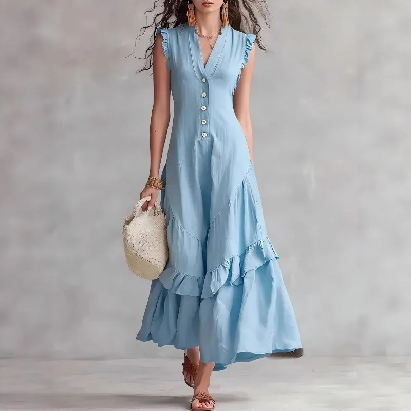 Women's Elegant Ruffle Long Dress | Casual Button-Down Maxi Dress Lindsay