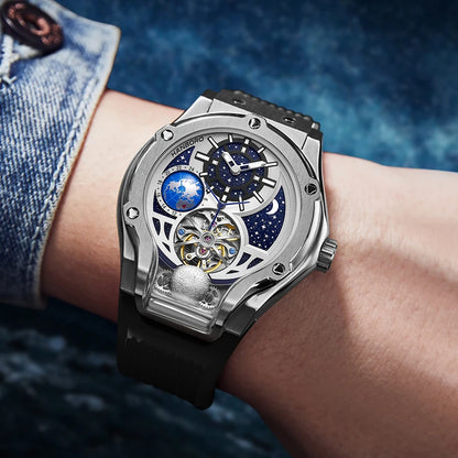 Luxury Men’s Automatic Mechanical Watch – Hollow Starry Sky Dial, Luminous Hands, Waterproof Silicone Strap, Business Fashion Wristwatch Taha