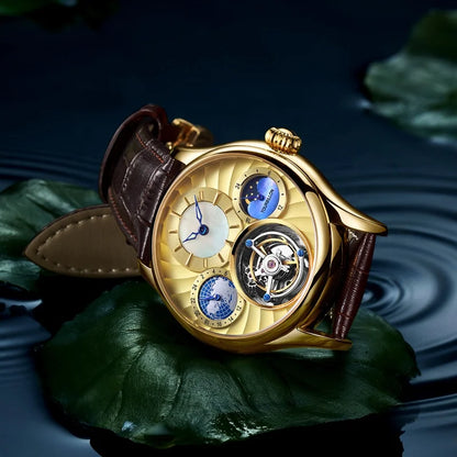 AESOP 7017 Luxury Men's Mechanical Watch – Skeleton Dial, Moon Phase Chronograph, Sapphire Crystal, Stainless Steel Tourbillon Wristwatch