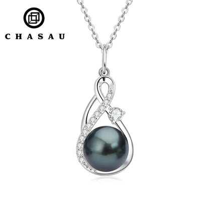 925 Sterling Silver Moissanite 10mm Natural Tahitian Black Pearl Infinity Pendant Necklace for Women