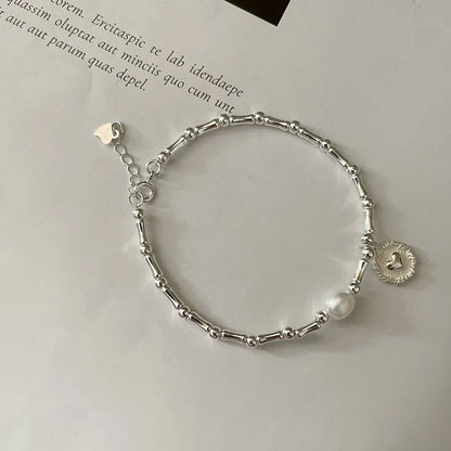 Handmade 925 Pure Silver Bead Necklace – Natural Freshwater Pearl, Bamboo Round Design with Heart Charm Bracelet Aylin