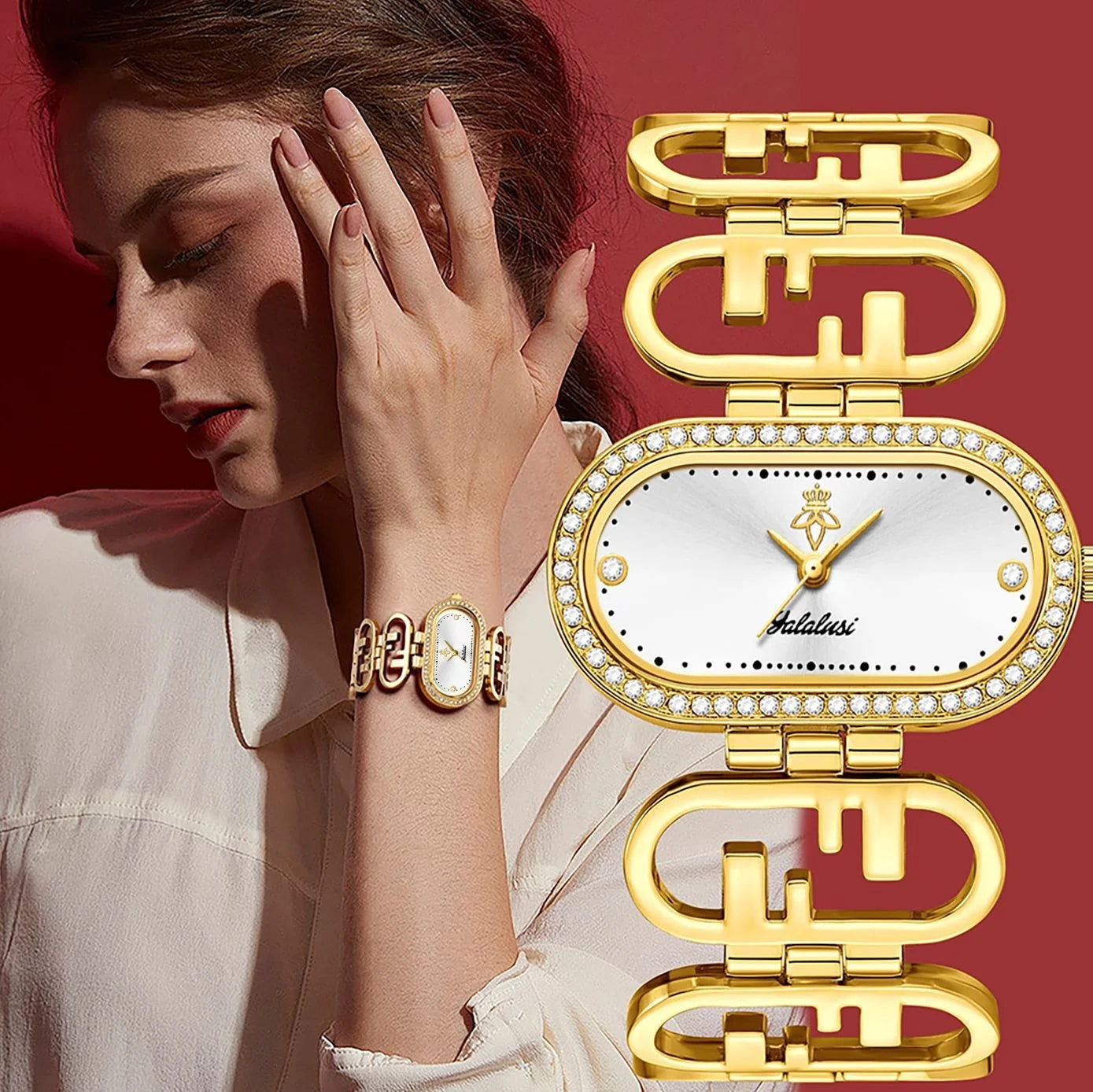 Women’s Oval Quartz Watch – Gold‑Tone Alloy Case with Diamond Accents, 30M Water Resistant Analog Watch for Daily Wear & Gifts Velmira