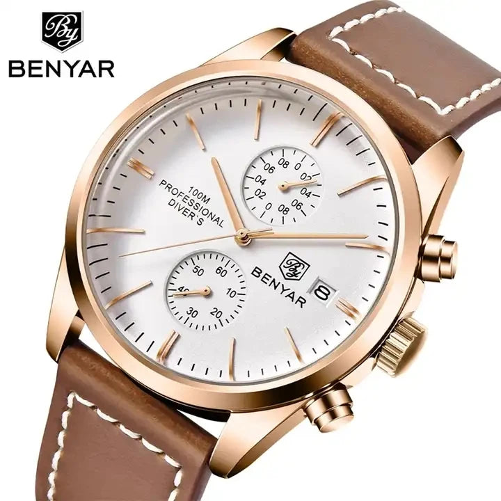 BENYAR 5187 Men’s Chronograph Watch – Waterproof Quartz Sports Wristwatch with Genuine Leather Strap & Date