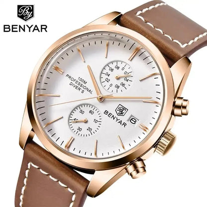 BENYAR 5187 Men’s Chronograph Watch – Waterproof Quartz Sports Wristwatch with Genuine Leather Strap & Date
