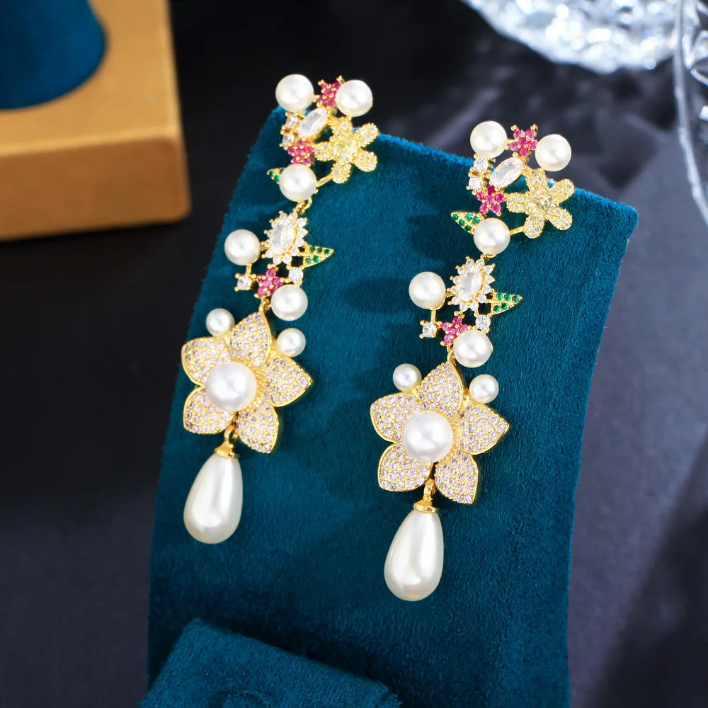 Pink & Red Cubic Zirconia Pave Flower Dangle Drop Pearl Earrings for Women | Festive & Wedding Jewelry