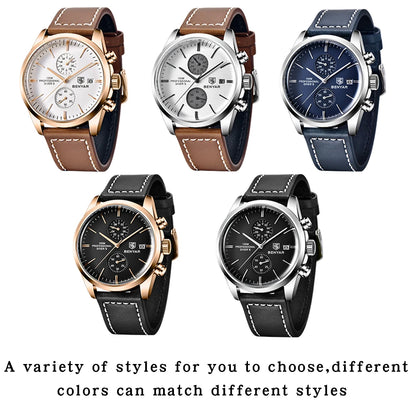 BENYAR 5187 Men’s Chronograph Watch – Waterproof Quartz Sports Wristwatch with Genuine Leather Strap & Date