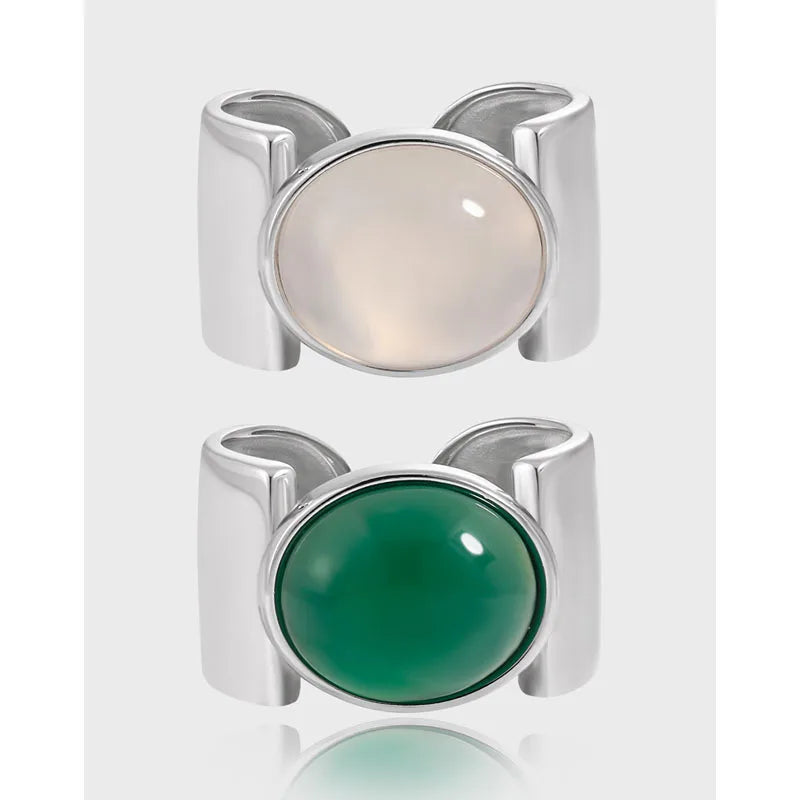 925 Sterling Silver Chunky White Agate & Green Chalcedony Ring for Women – Luxury Statement Jewelry Asli