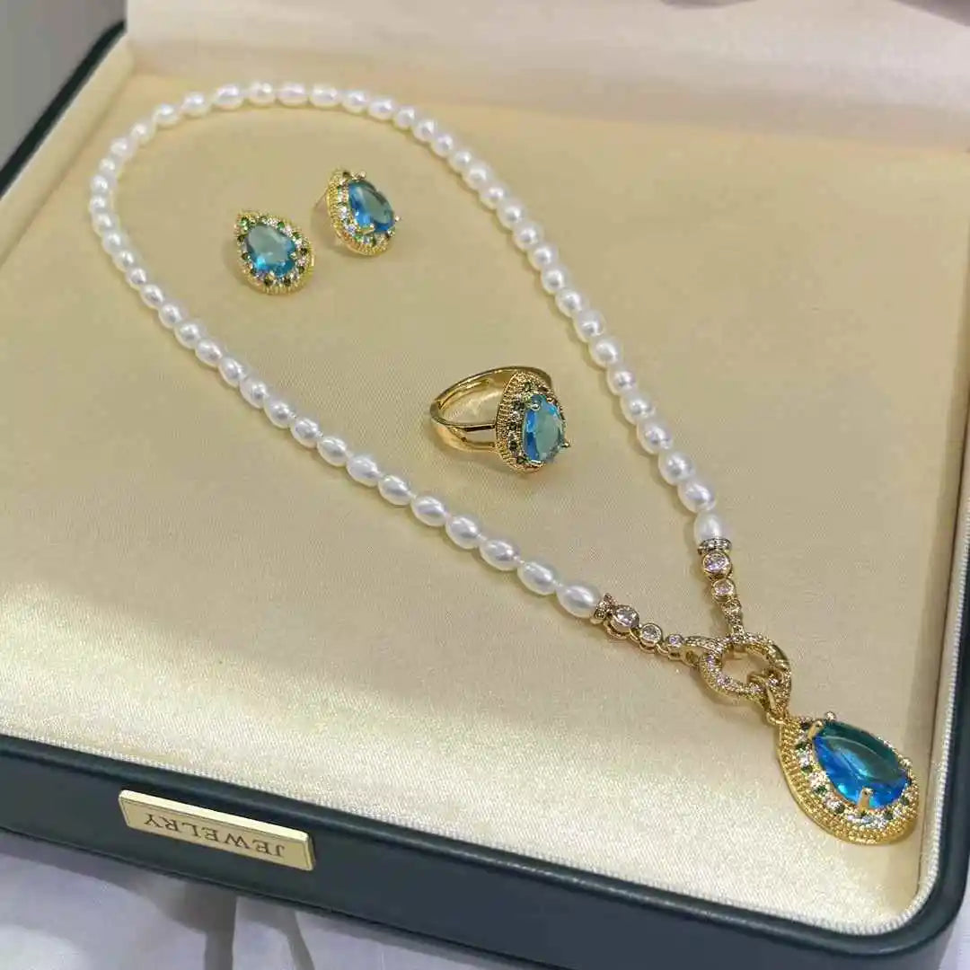 Natural 5–6mm Freshwater Pearl Jewelry Set – White Rice Pearl Necklace, Ring & Water Drop Design (3‑Piece Set)