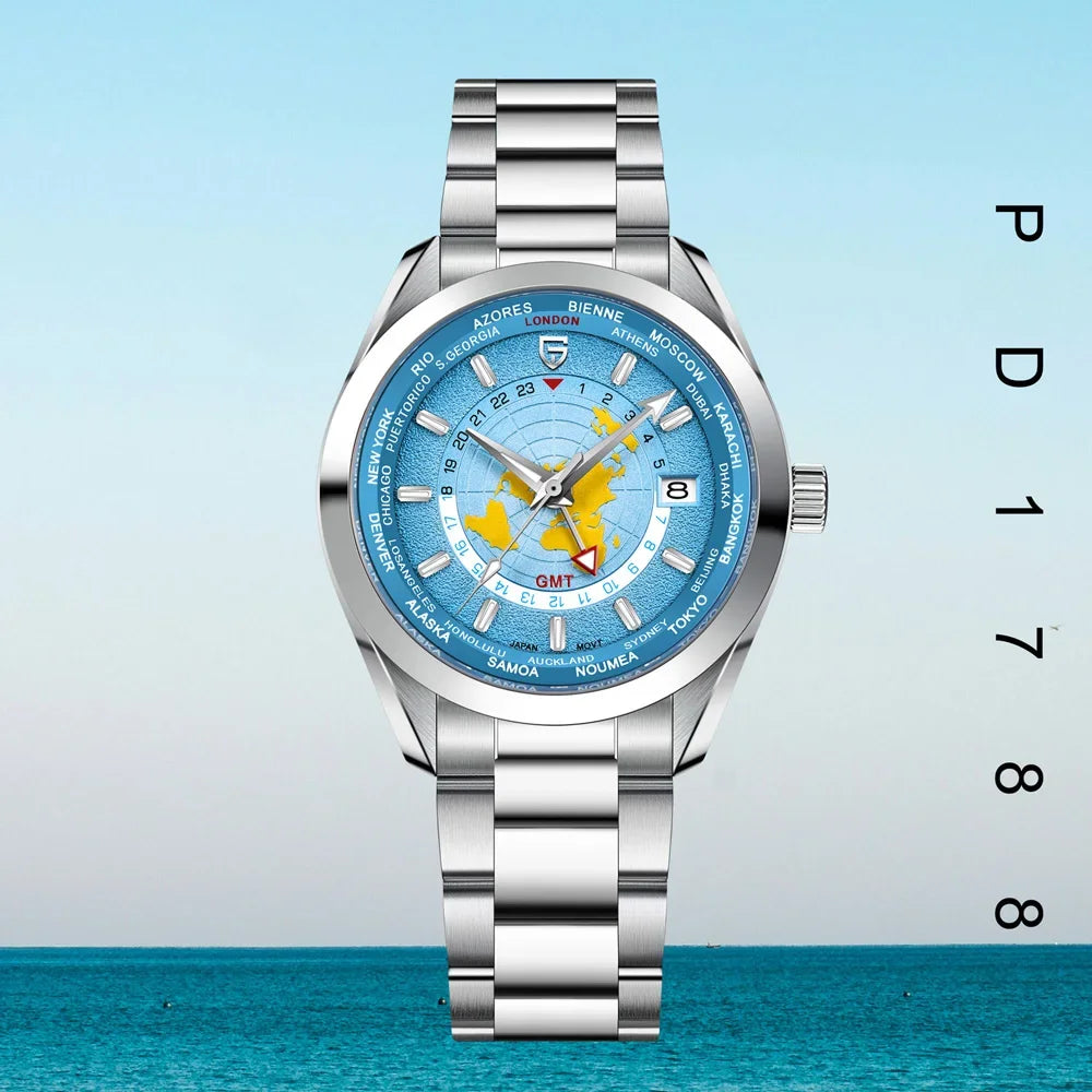 Pagani Design 1788 Men's NH34 Automatic GMT Watch – Sapphire Crystal, Stainless Steel, Multi‑Time Zone