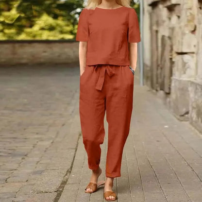 Women’s Cotton Linen Two Piece Set – Summer Short Sleeve O-Neck Oversized Blouse & High Waist Wide Leg Pants Carmen