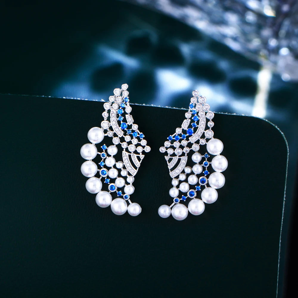 Elegant Blue Cubic Zircon Geometric Pearl Earrings for Women – Wedding & Party Jewelry