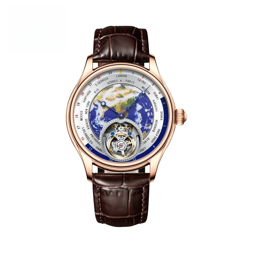 AESOP 7051 Luxury Men's Skeleton Tourbillon Watch – Earth Dial, Automatic Mechanical, Sapphire Crystal, Stainless Steel Case, Leather Strap