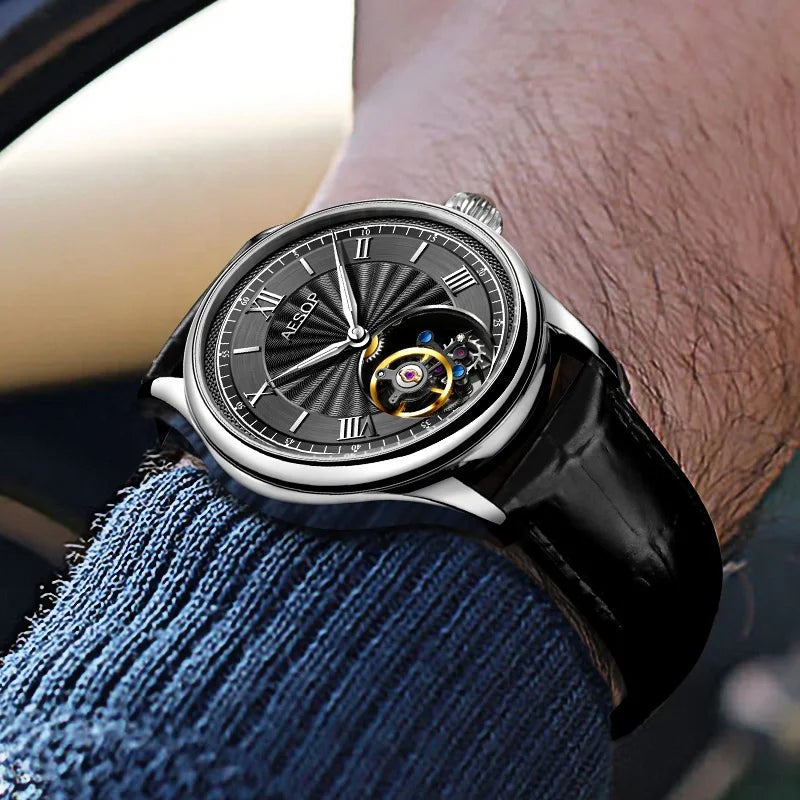 AESOP 7041 Luxury Skeleton Tourbillon Men’s Watch – Roman Numerals, Stainless Steel, Sapphire Crystal Automatic