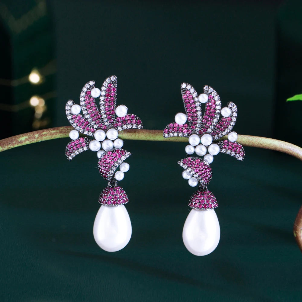 Fuchsia Red Cubic Zirconia Pave Flower & Leaf Long Dangle Drop Pearl Earrings – Glamorous Party & Wedding Jewelry for Women