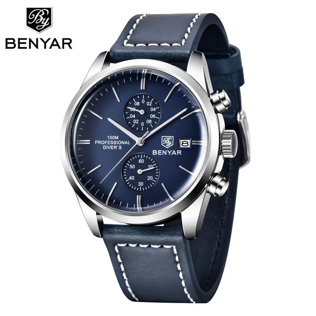 BENYAR 5187 Men’s Chronograph Watch – Waterproof Quartz Sports Wristwatch with Genuine Leather Strap & Date