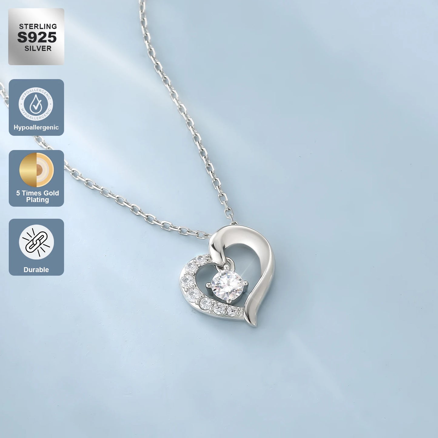 Valentine’s Day Heart Charm Necklace for Women – 925 Sterling Silver “I Love You” Pendant with Moissanite Diamond, Gift Jewelry for Birthday & Anniversary
