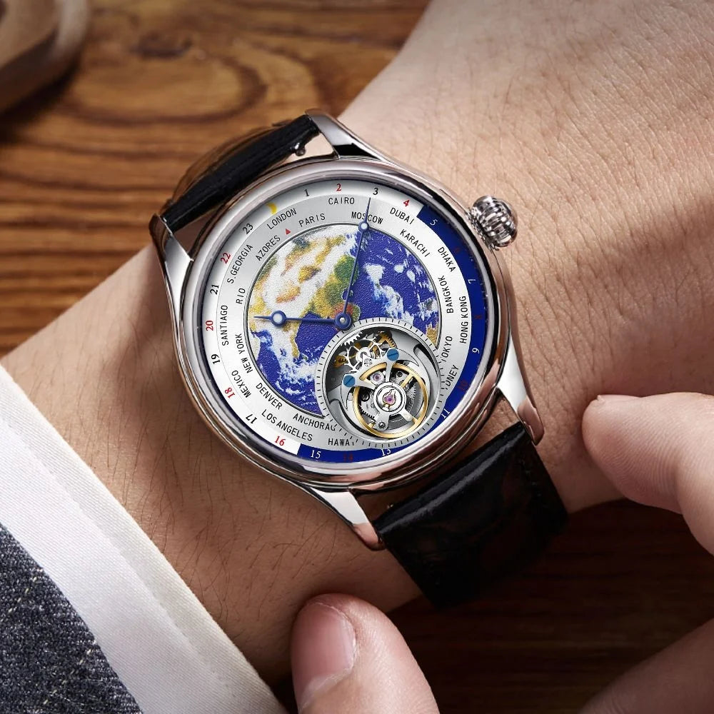 AESOP 7051 Luxury Men's Skeleton Tourbillon Watch – Earth Dial, Automatic Mechanical, Sapphire Crystal, Stainless Steel Case, Leather Strap