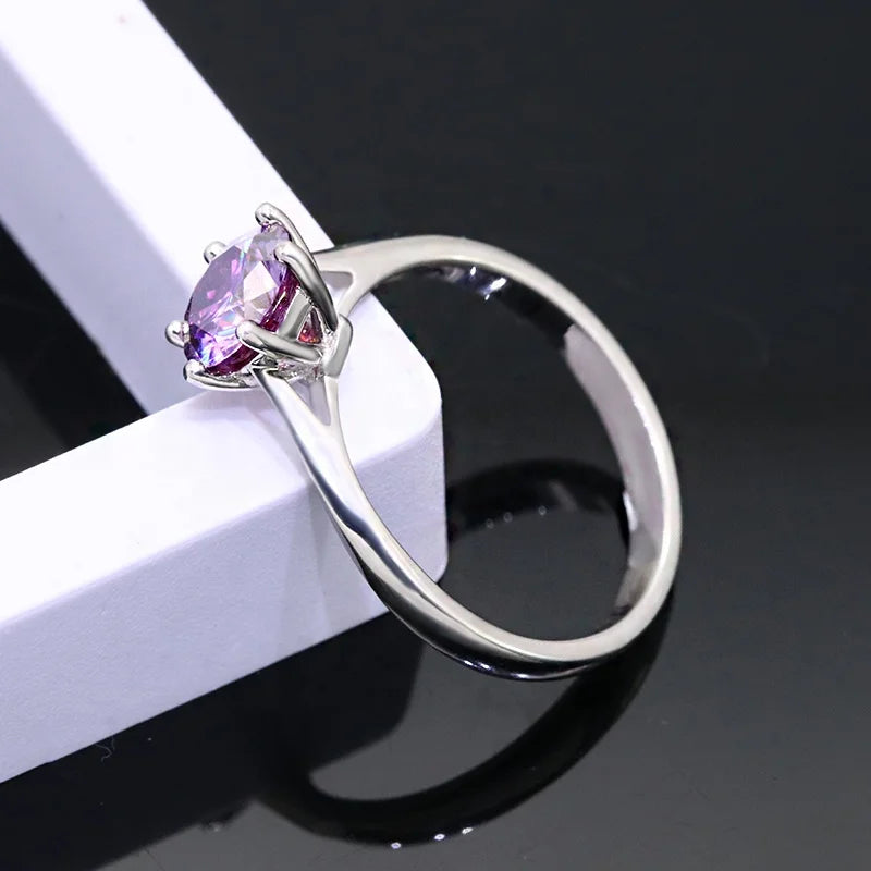 1–2 Carat Purple Moissanite Engagement Ring – 925 Silver Diamond Ring with GRA Certificate