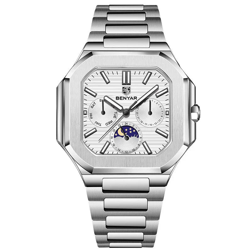 BENYAR 5221 Men’s Square Quartz Watch 37mm – Stainless Steel Waterproof Business Wristwatch, Fashion Gift for Men