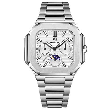 BENYAR 5221 Men’s Square Quartz Watch 37mm – Stainless Steel Waterproof Business Wristwatch, Fashion Gift for Men