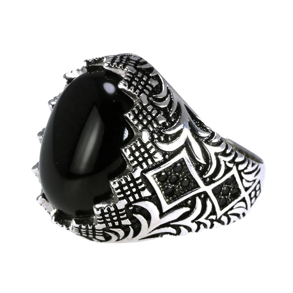 Men’s 925 Sterling Silver Black Ring – Vintage Turkish Floral Design with Stone Kerem