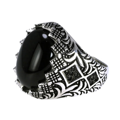 Men’s 925 Sterling Silver Black Ring – Vintage Turkish Floral Design with Stone Kerem