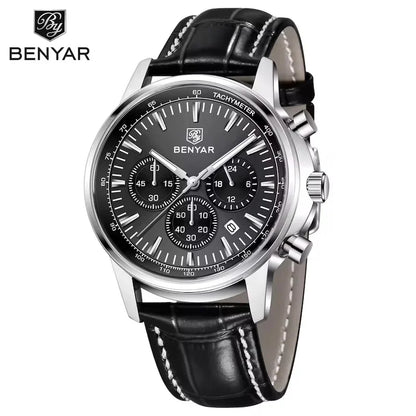 BENYAR 5213 Men's Luxury Quartz Chronograph Watch – Waterproof Leather Strap, Luminous Dial, Designer Sport Wristwatch for Men