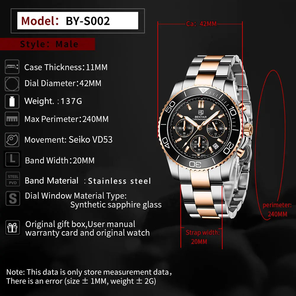 BENYAR S002 Square Luxury Men’s Quartz Watch – Stainless Steel Band, Citizen Movement