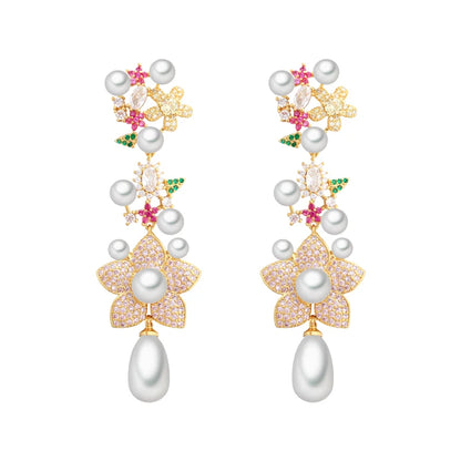 Pink & Red Cubic Zirconia Pave Flower Dangle Drop Pearl Earrings for Women | Festive & Wedding Jewelry