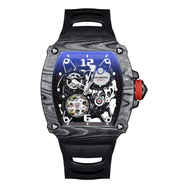 HANBORO Fully Automatic Mechanical Men’s Watch – Waterproof Luminous Square Dial, Hollow Design, Rubber Strap, Skeleton Wristwatch Mert
