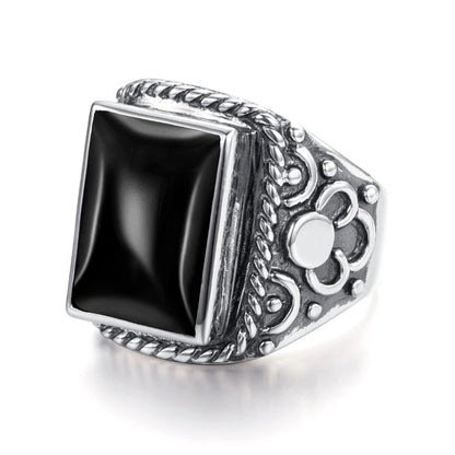 Vintage Filigree 925 Sterling Silver Men’s Ring – Turkish Black Agate Gemstone, Rhodium Plated Floral Design Andreas