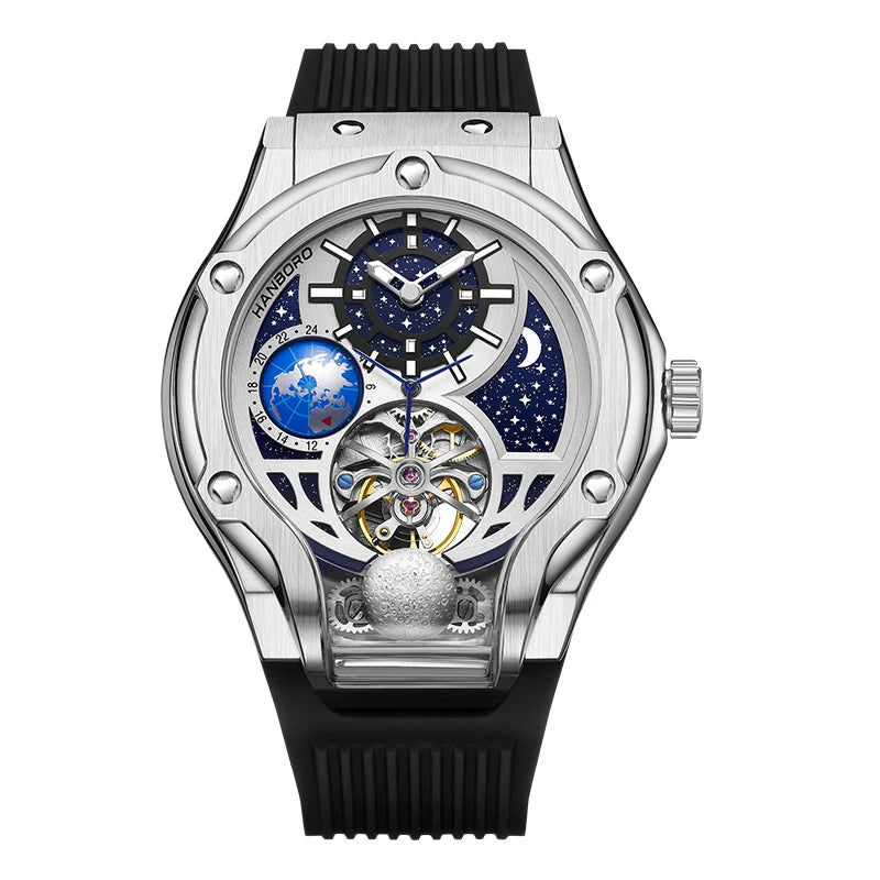 Luxury Men’s Automatic Mechanical Watch – Hollow Starry Sky Dial, Luminous Hands, Waterproof Silicone Strap, Business Fashion Wristwatch Taha