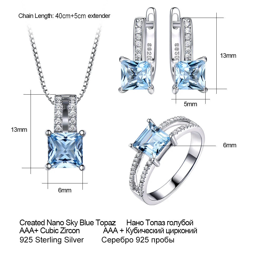925 Sterling Silver Jewelry Set for Women – Nano Aquamarine & Sky Blue Topaz Ring, Pendant Necklace & Stud Earrings Alice