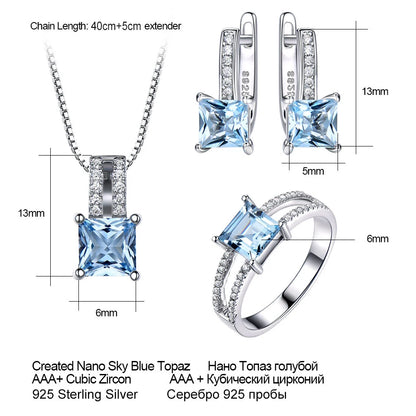 925 Sterling Silver Jewelry Set for Women – Nano Aquamarine & Sky Blue Topaz Ring, Pendant Necklace & Stud Earrings Alice
