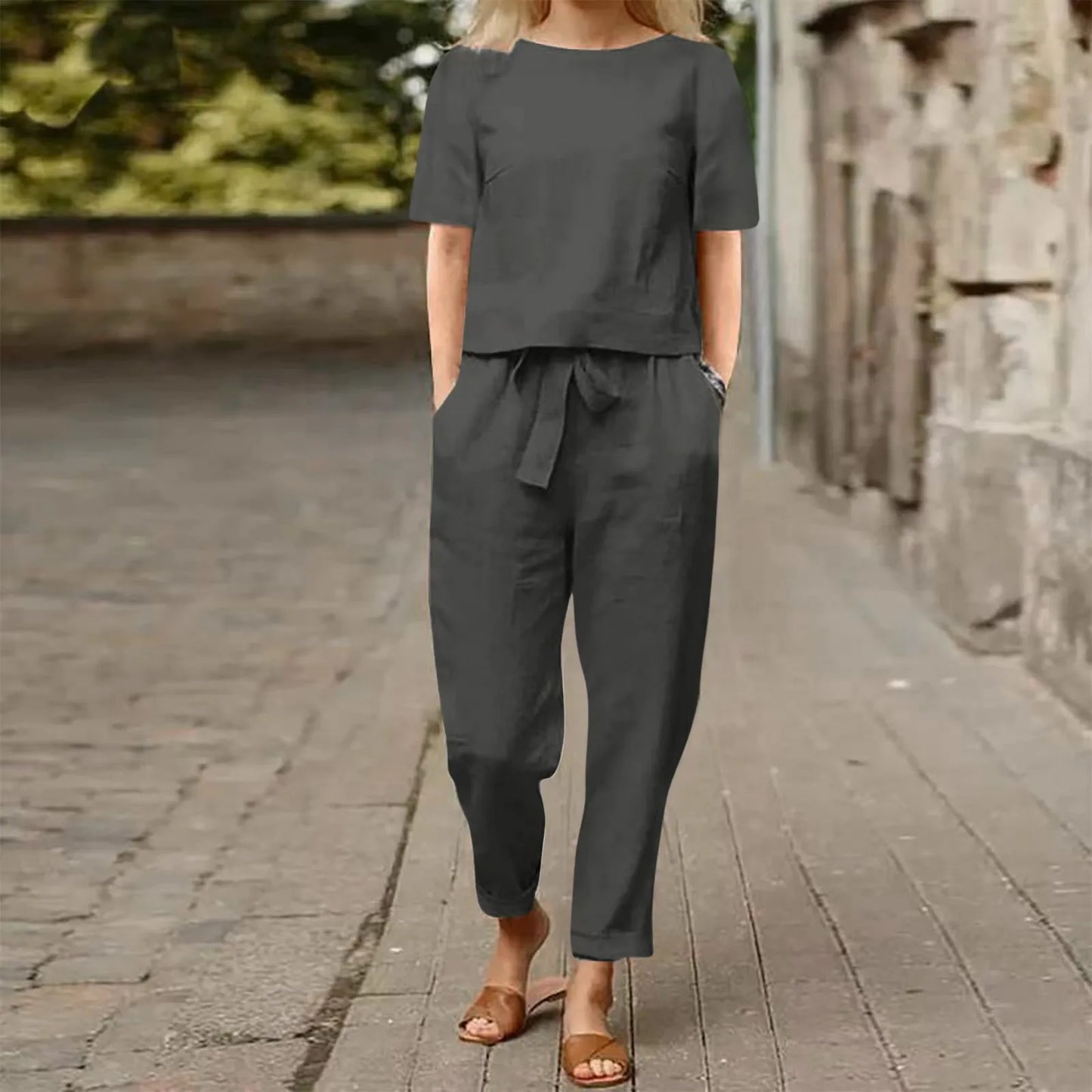 Women’s Cotton Linen Two Piece Set – Summer Short Sleeve O-Neck Oversized Blouse & High Waist Wide Leg Pants Carmen