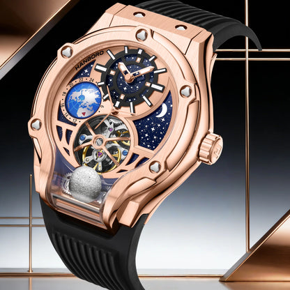 Luxury Men’s Automatic Mechanical Watch – Hollow Starry Sky Dial, Luminous Hands, Waterproof Silicone Strap, Business Fashion Wristwatch Taha