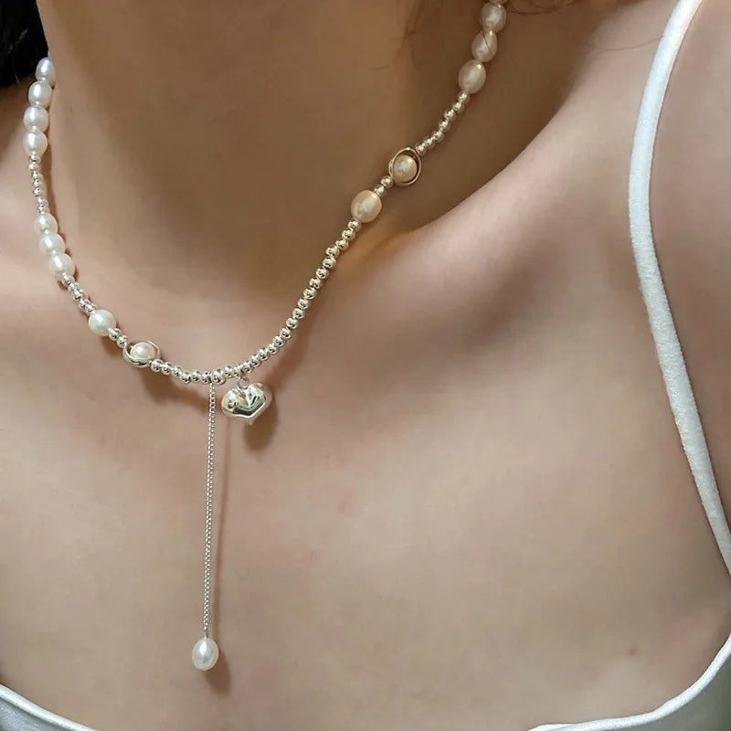 Handmade 925 Sterling Silver Bead Necklace with Natural Freshwater Pearl & Heart Charm Bracelet Ilayda