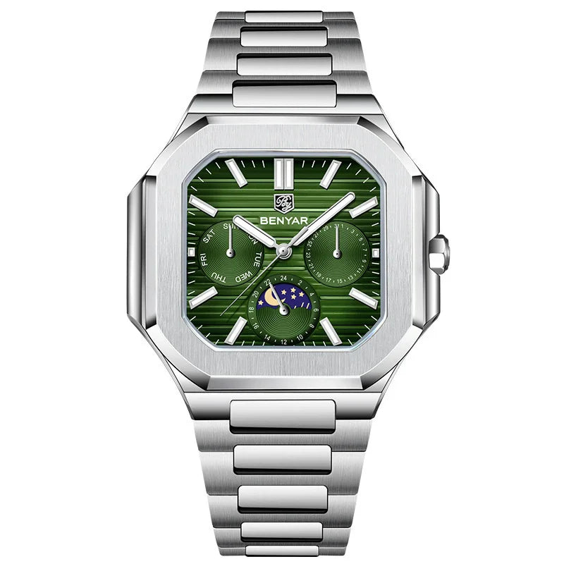 BENYAR 5221 Men’s Square Quartz Watch 37mm – Stainless Steel Waterproof Business Wristwatch, Fashion Gift for Men