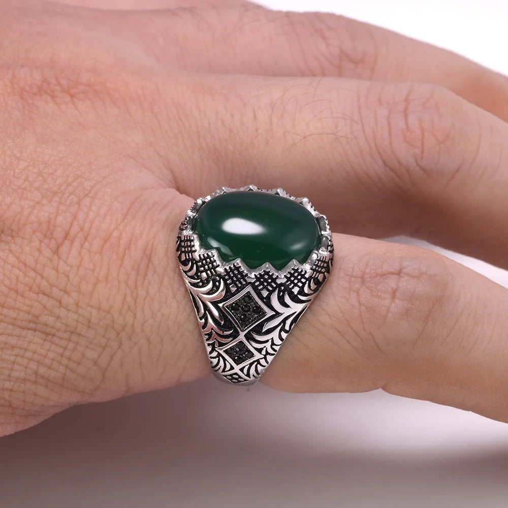 Men’s 925 Sterling Silver Black Ring – Vintage Turkish Floral Design with Stone Kerem