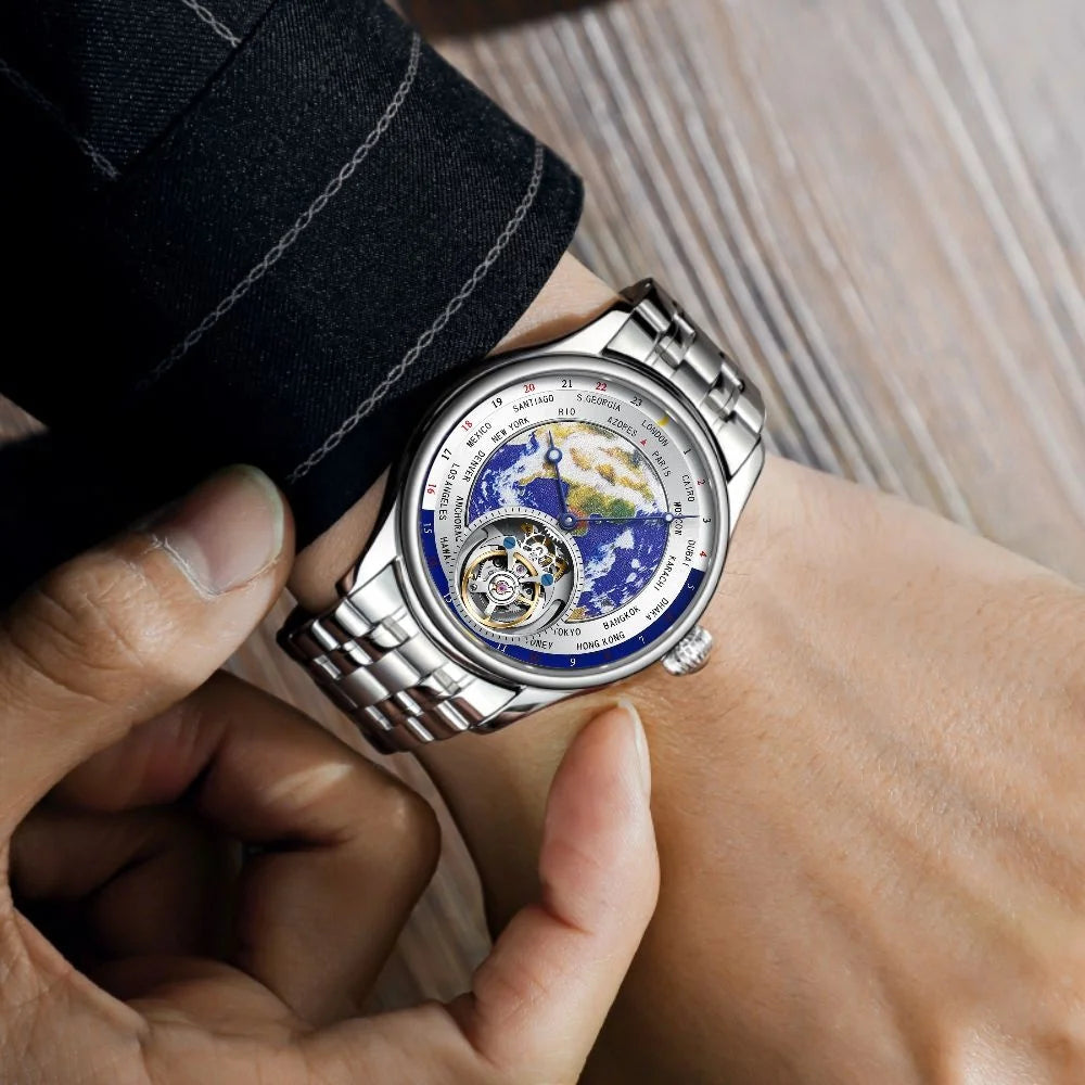 AESOP 7051 Luxury Men's Skeleton Tourbillon Watch – Earth Dial, Automatic Mechanical, Sapphire Crystal, Stainless Steel Case, Leather Strap