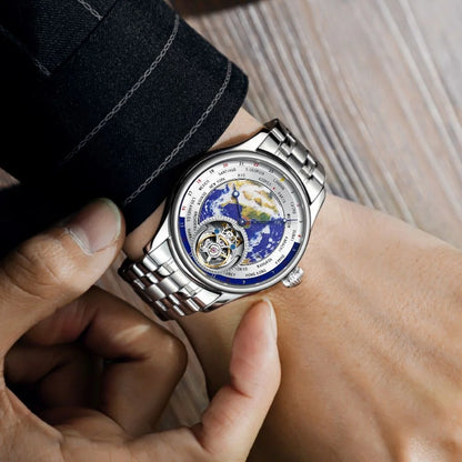 AESOP 7051 Luxury Men's Skeleton Tourbillon Watch – Earth Dial, Automatic Mechanical, Sapphire Crystal, Stainless Steel Case, Leather Strap