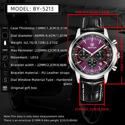 BENYAR 5213 Men's Luxury Quartz Chronograph Watch – Waterproof Leather Strap, Luminous Dial, Designer Sport Wristwatch for Men
