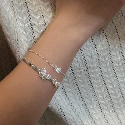 925 Sterling Silver Butterfly Bracelet – Double Layer Bangle for Women Ecrin