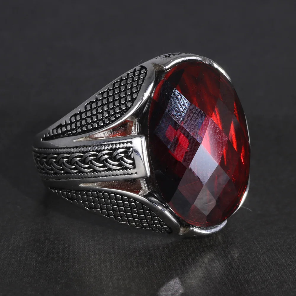 Men’s 925 Sterling Silver Ring with Red Zircon Stone – Vintage Turkish Wedding Jewelry Eren